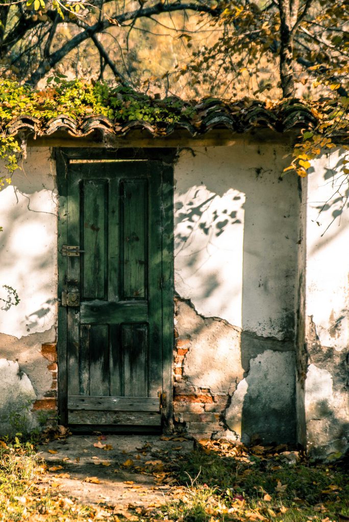 An old green door with on a scratched white wall.